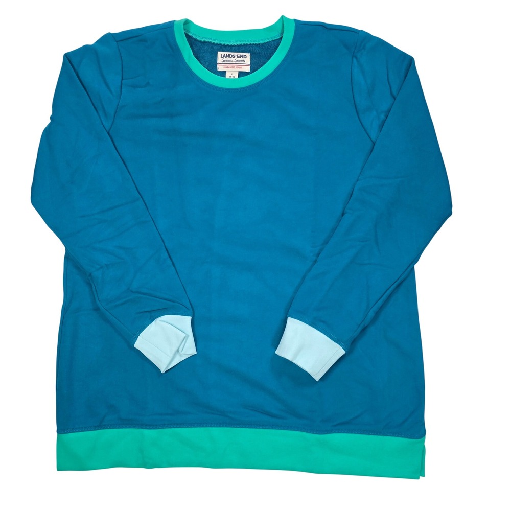 Lands End Serious Sweats Teal Colorblock Tunic Sweatshirt Womens L 14-16 514365